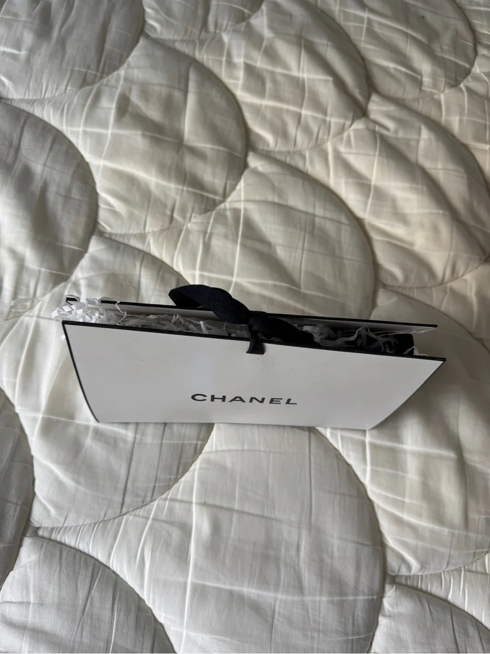 CHANEL White Tote-Style Gift Bag with Black Trim and Ribbon